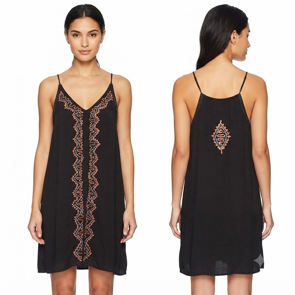 Exist Dress Womens Small Black Embroidered Boho Mini Rayon V-Neck LSD7389